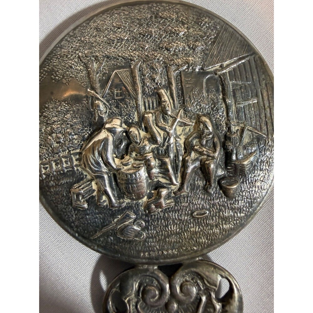 Vintage Hans Jenson Danish Silver Mirror With Ornate Handle & Village Scene Engr